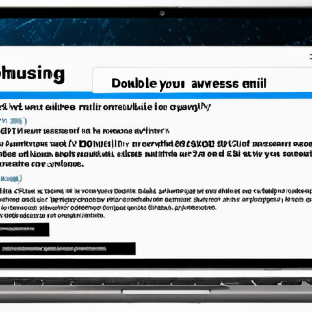 **Phishing Awareness:** A close-up of a suspicious email on a laptop screen, emphasizing the sender's address and a link, with a warning overlay: "Double Check Before You Click!" Style: Cyberpunk, high contrast.