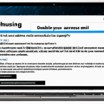 **Phishing Awareness:** A close-up of a suspicious email on a laptop screen, emphasizing the sender's address and a link, with a warning overlay: "Double Check Before You Click!" Style: Cyberpunk, high contrast.