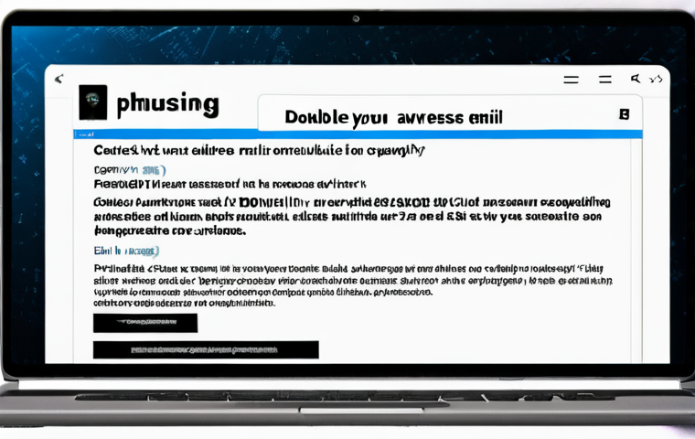 **Phishing Awareness:** A close-up of a suspicious email on a laptop screen, emphasizing the sender's address and a link, with a warning overlay: "Double Check Before You Click!" Style: Cyberpunk, high contrast.