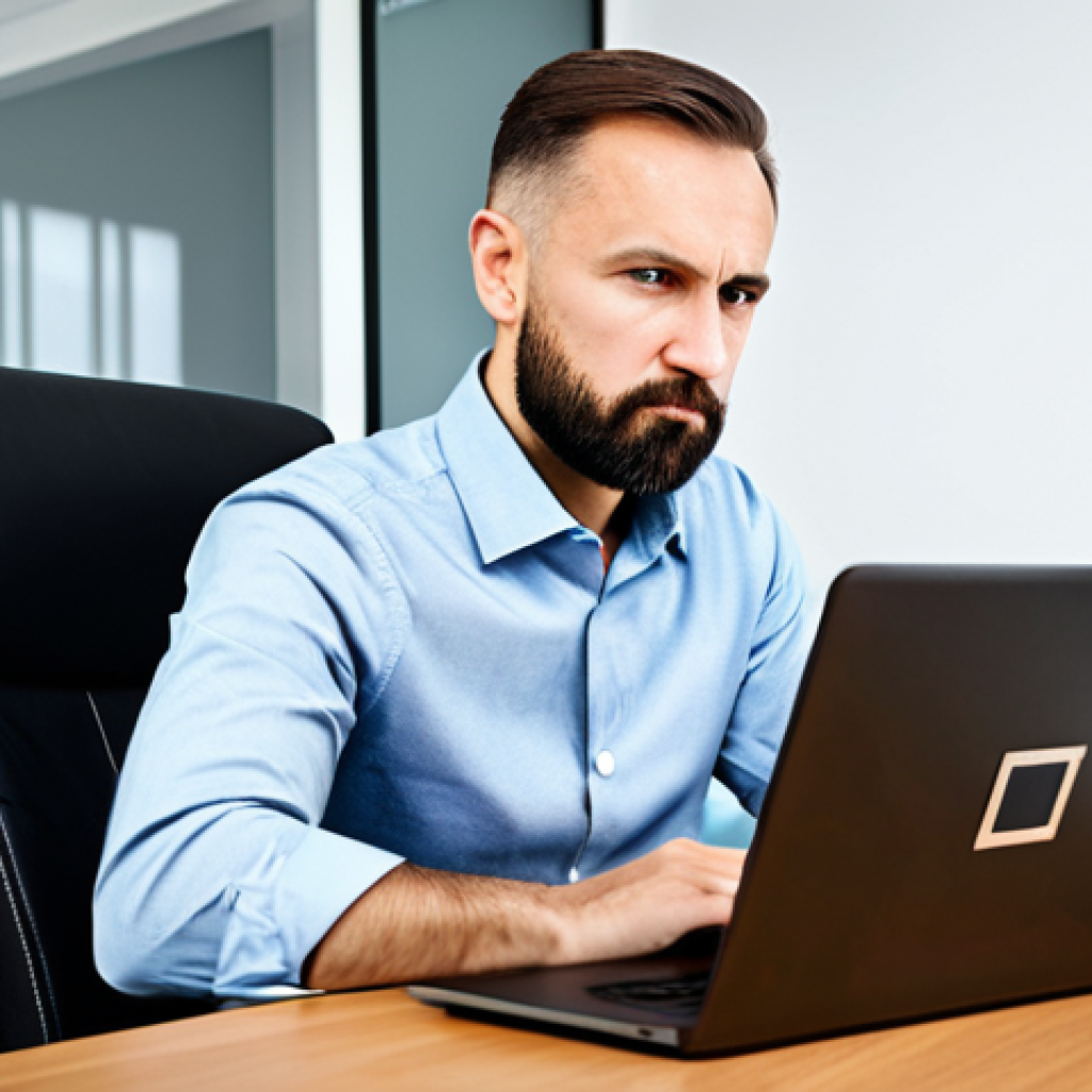 A focused Polish man, in his mid-30s, wearing a modest, professional business casual shirt. He is seated at a clean desk, intently looking at a laptop screen which displays a stylized digital security interface featuring a padlock icon and elements suggesting two-factor authentication. His expression conveys careful consideration and vigilance, emphasizing the importance of strong passwords and robust online defenses. The background is a modern, well-lit home office, clean and organized, with subtle technology elements. The scene conveys a sense of digital security and preparedness against cyber threats. fully clothed, appropriate attire, safe for work, perfect anatomy, correct proportions, natural pose, well-formed hands, proper finger count, natural body proportions, professional photography, high quality, appropriate content, family-friendly.