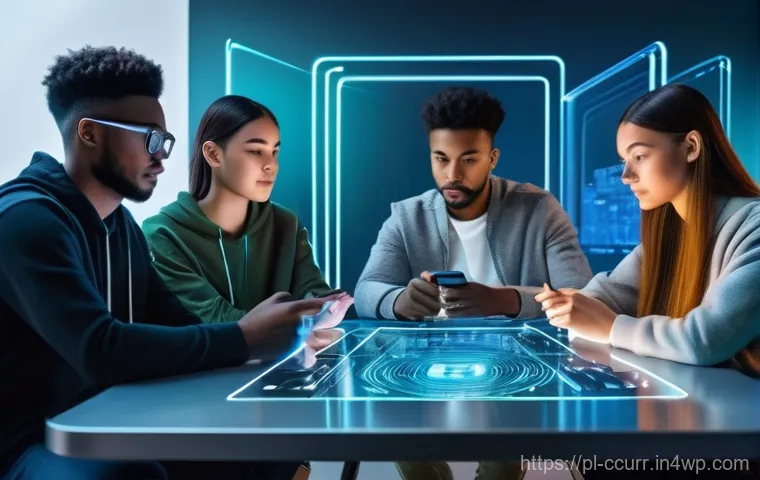 암호화폐 지갑 보안 위협 유형 - **Prompt:** A young, diverse group of friends, all dressed in stylish, comfortable streetwear, are g...