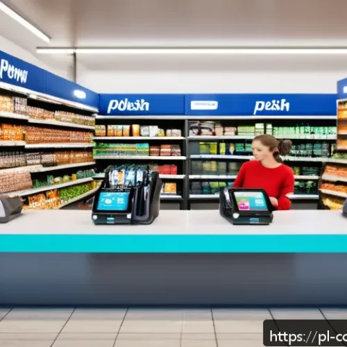 지갑 사용자의 보안 인식 조사 - A modern Polish urban grocery store scene showing a diverse group of people using digital wallets on...