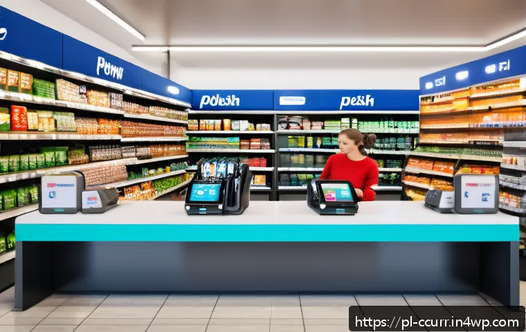 지갑 사용자의 보안 인식 조사 - A modern Polish urban grocery store scene showing a diverse group of people using digital wallets on...